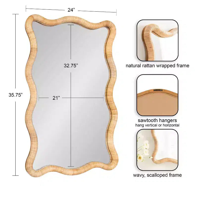 Specchio Rahfy Rettangolare Ondulato in Rattan Naturale 24"X36"