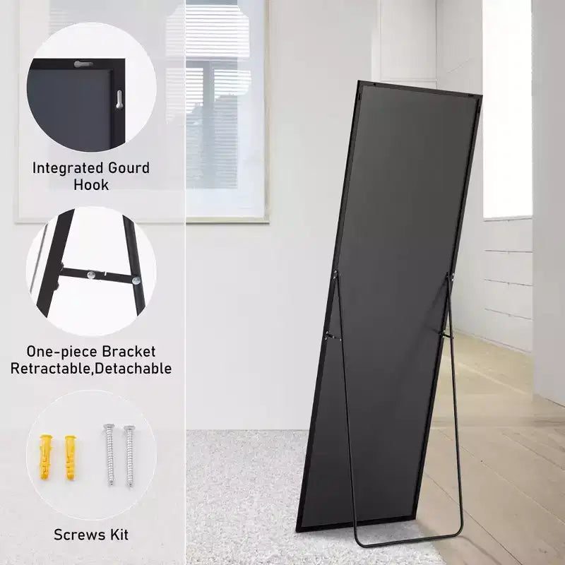 Specchio a figura intera in alluminio 63x20 pollici, specchio da terra con altezza regolabile, nero