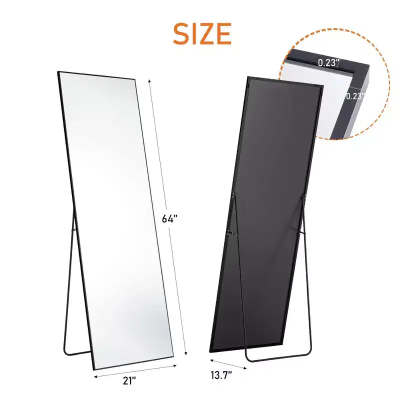 Specchio a figura intera in alluminio 63x20 pollici, specchio da terra con altezza regolabile, nero