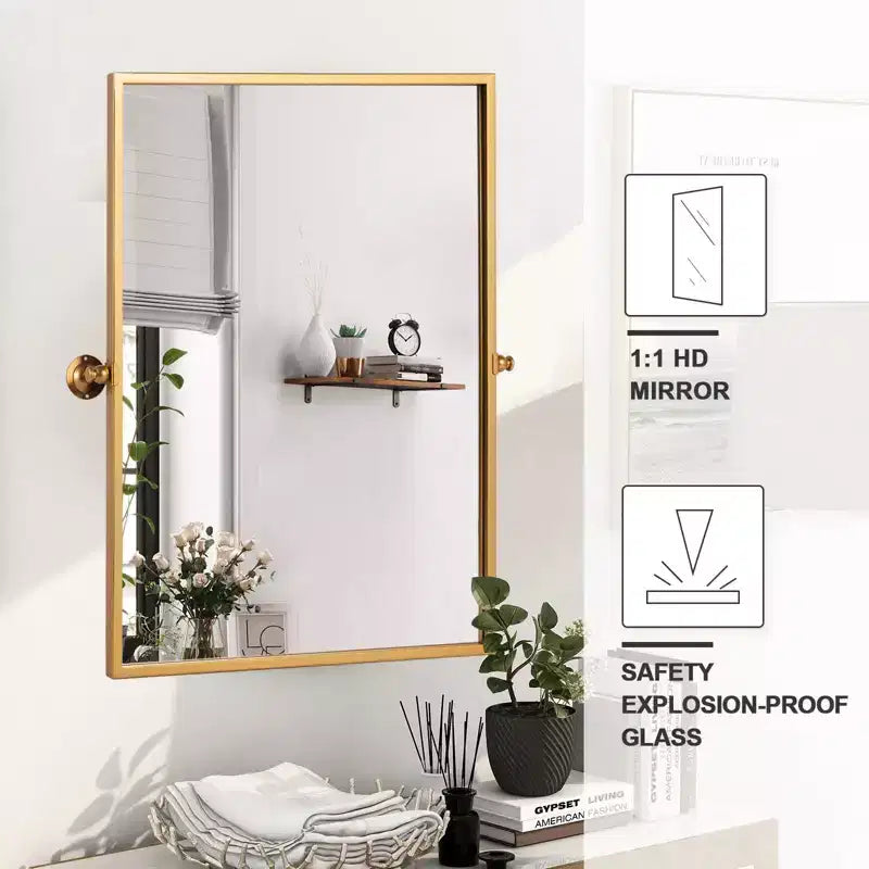 Specchio da bagno rettangolare 38x26 con cornice in metallo, immagini HD e vetro a prova di esplosione oro