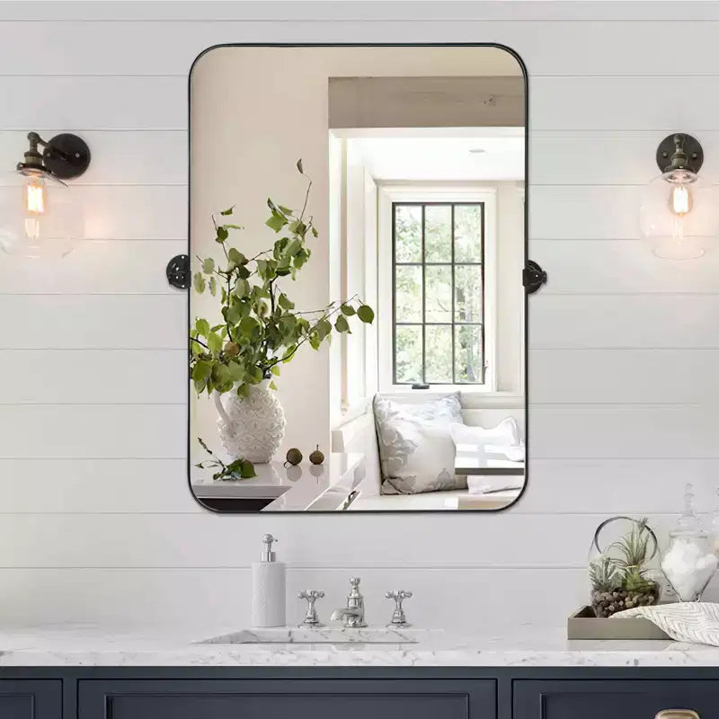 Specchio decorativo rettangolare rotante da parete con cornice moderna in metallo nero e angoli arrotondati 36 x 24 x 2