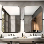 Specchio decorativo rettangolare rotante da parete con cornice moderna in metallo nero e angoli arrotondati 36 x 24 x 2