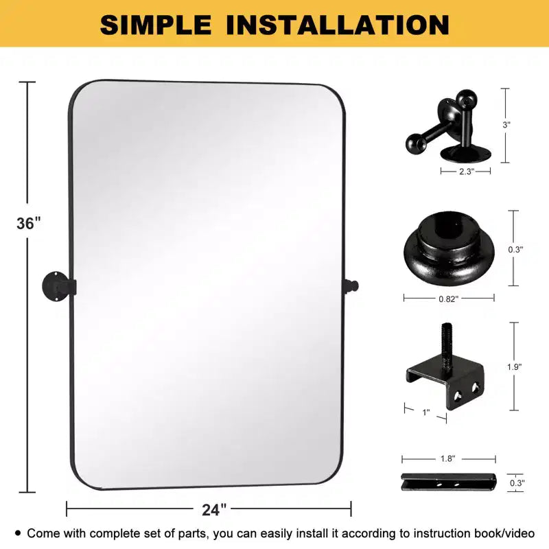 Specchio decorativo rettangolare rotante da parete con cornice moderna in metallo nero e angoli arrotondati 36 x 24 x 2