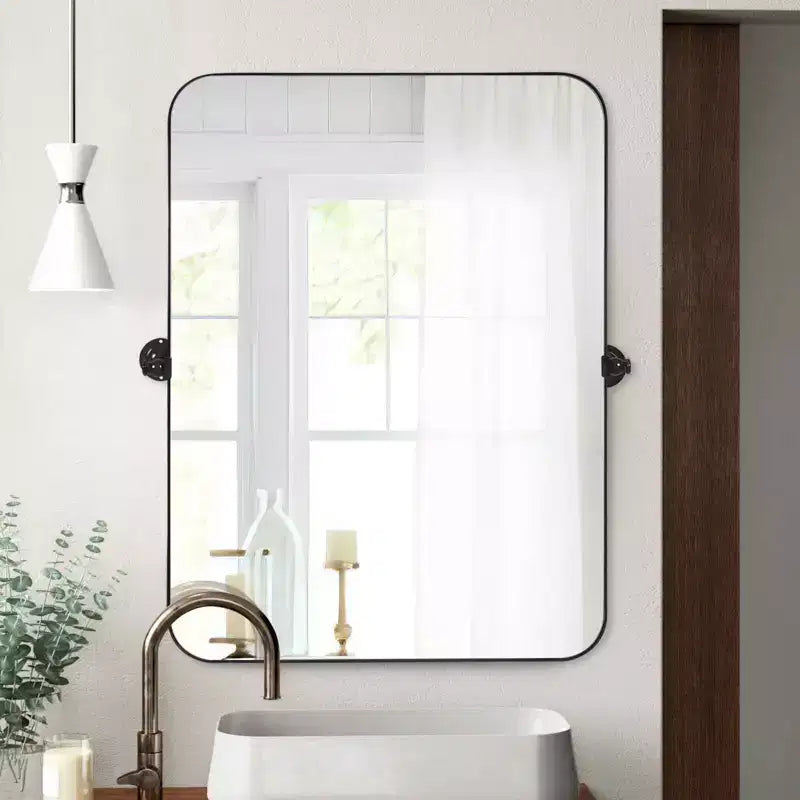 Specchio decorativo rettangolare rotante da parete con cornice moderna in metallo nero e angoli arrotondati 36 x 24 x 2