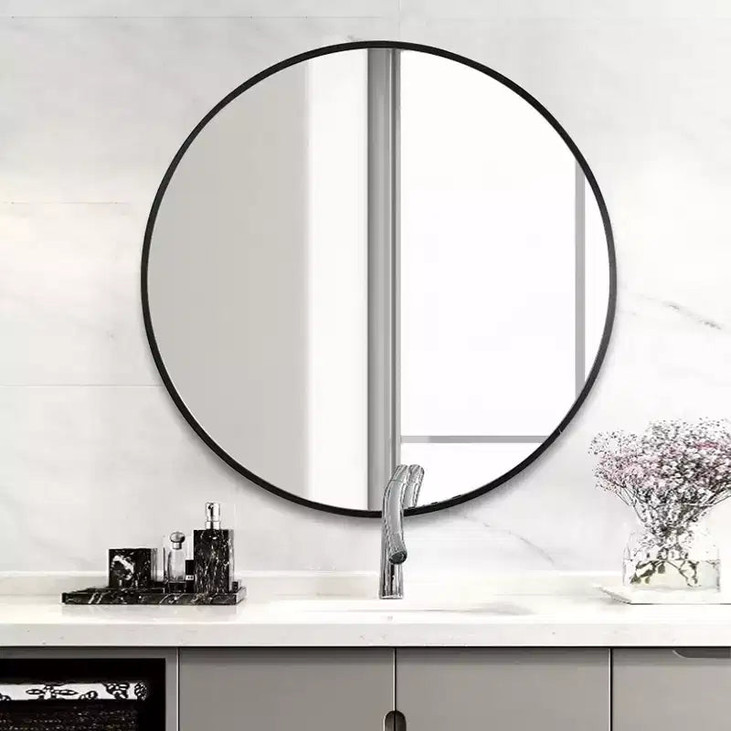 Specchio rotondo da appendere in alluminio con bordo sottile color oro