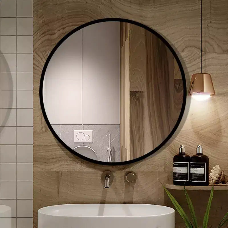 Specchio rotondo da appendere in alluminio con bordo sottile color oro