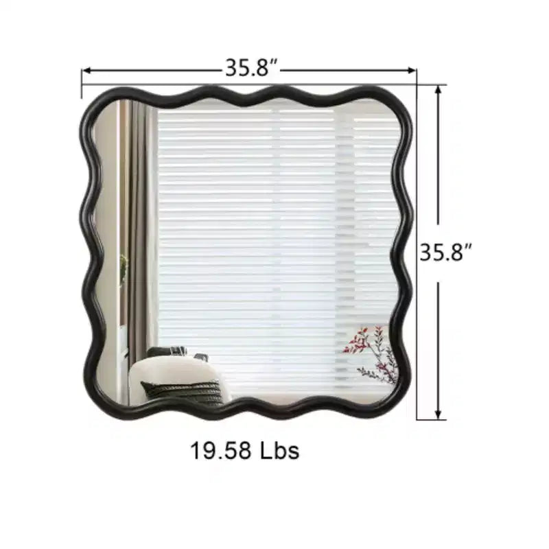 Specchio quadrato ondulato in legno massello 36 x 36 - nero per bagno, camera da letto, soggiorno, sala da pranzo, guardaroba, ingresso