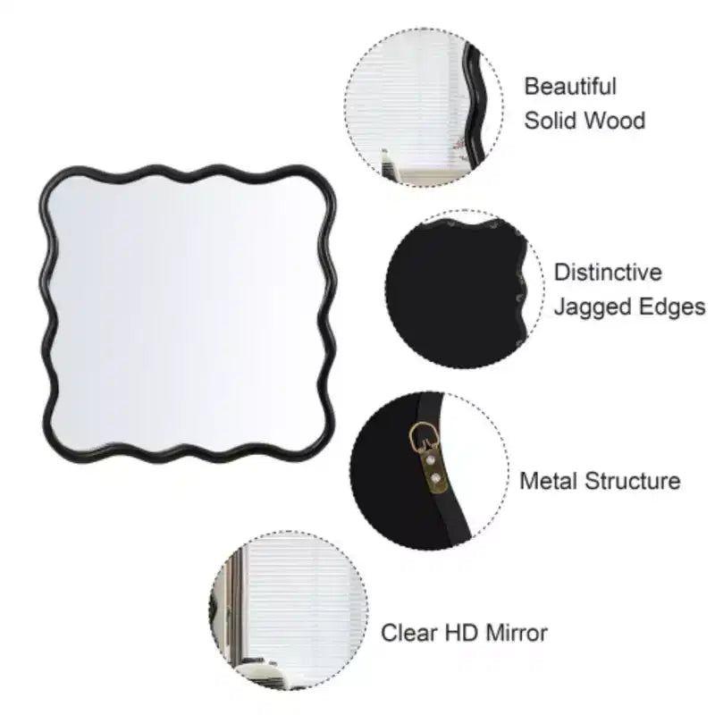 Specchio quadrato ondulato in legno massello 36 x 36 - nero per bagno, camera da letto, soggiorno, sala da pranzo, guardaroba, ingresso