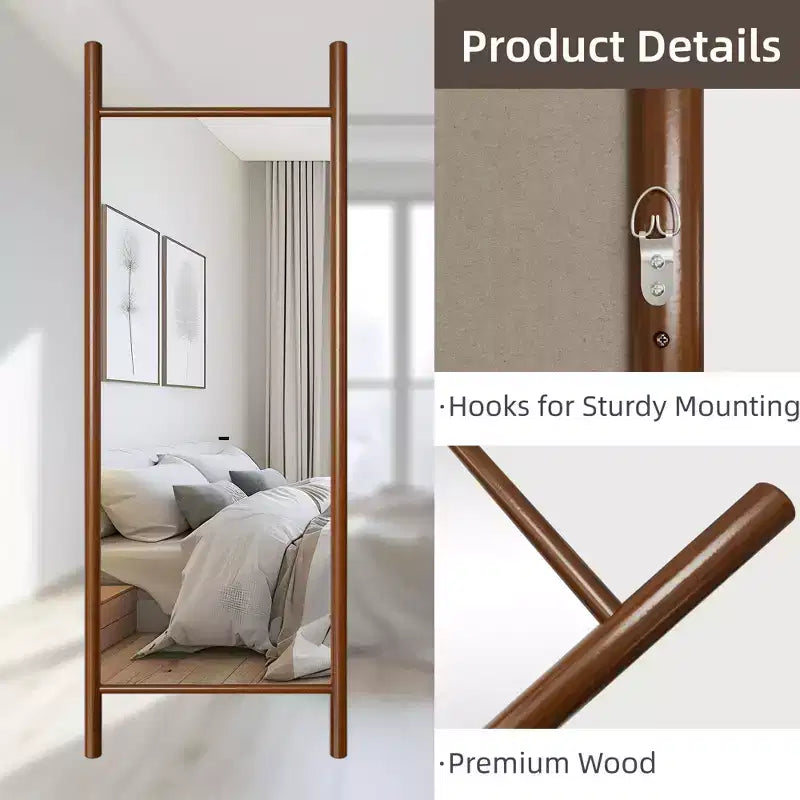 Specchio con cornice in legno massello a pioli, 61 cm L x 160 cm H, marrone