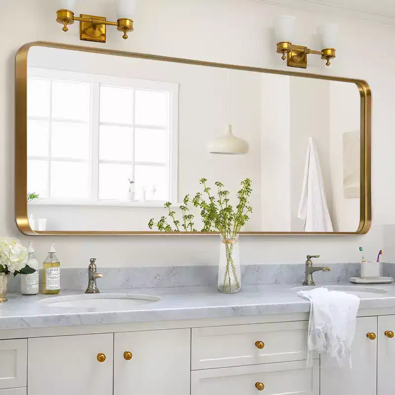 Specchio a figura intera da 31 in. x 71 in. con cornice profonda rettangolare con angoli arrotondati in alluminio, colore oro, da parete o da appoggio
