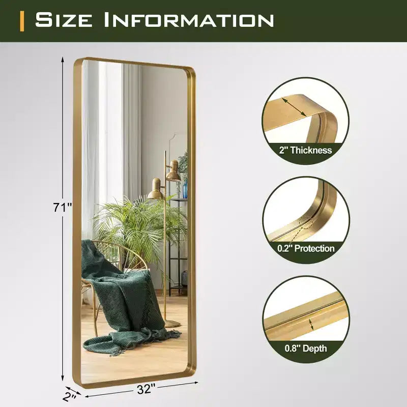 Specchio a figura intera da 31 in. x 71 in. con cornice profonda rettangolare con angoli arrotondati in alluminio, colore oro, da parete o da appoggio