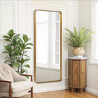 Specchio a figura intera da 31 in. x 71 in. con cornice profonda rettangolare con angoli arrotondati in alluminio, colore oro, da parete o da appoggio