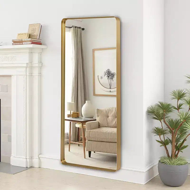 Specchio a figura intera da 31 in. x 71 in. con cornice profonda rettangolare con angoli arrotondati in alluminio, colore oro, da parete o da appoggio