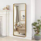 Specchio a figura intera da 31 in. x 71 in. con cornice profonda rettangolare con angoli arrotondati in alluminio, colore oro, da parete o da appoggio