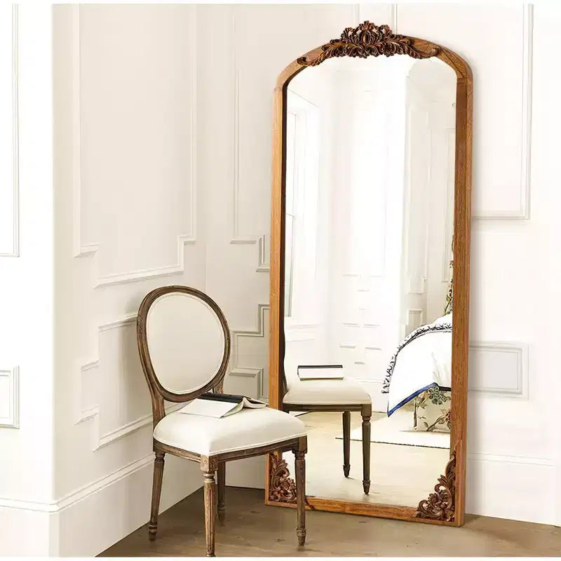 Specchio da terra intagliato fai da te con cornice ad arco rustica in legno massello, 21 pollici L x 64 pollici A, colore dorato