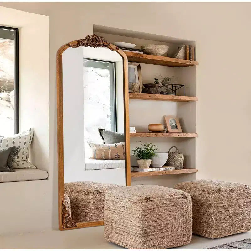 Specchio da terra intagliato fai da te con cornice ad arco rustica in legno massello, 21 pollici L x 64 pollici A, colore dorato