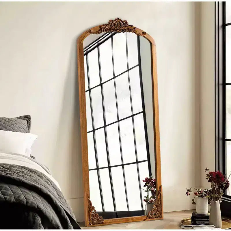Specchio da terra intagliato fai da te con cornice ad arco rustica in legno massello, 21 pollici L x 64 pollici A, colore dorato