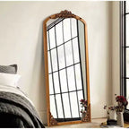 Specchio da terra intagliato fai da te con cornice ad arco rustica in legno massello, 21 pollici L x 64 pollici A, colore dorato