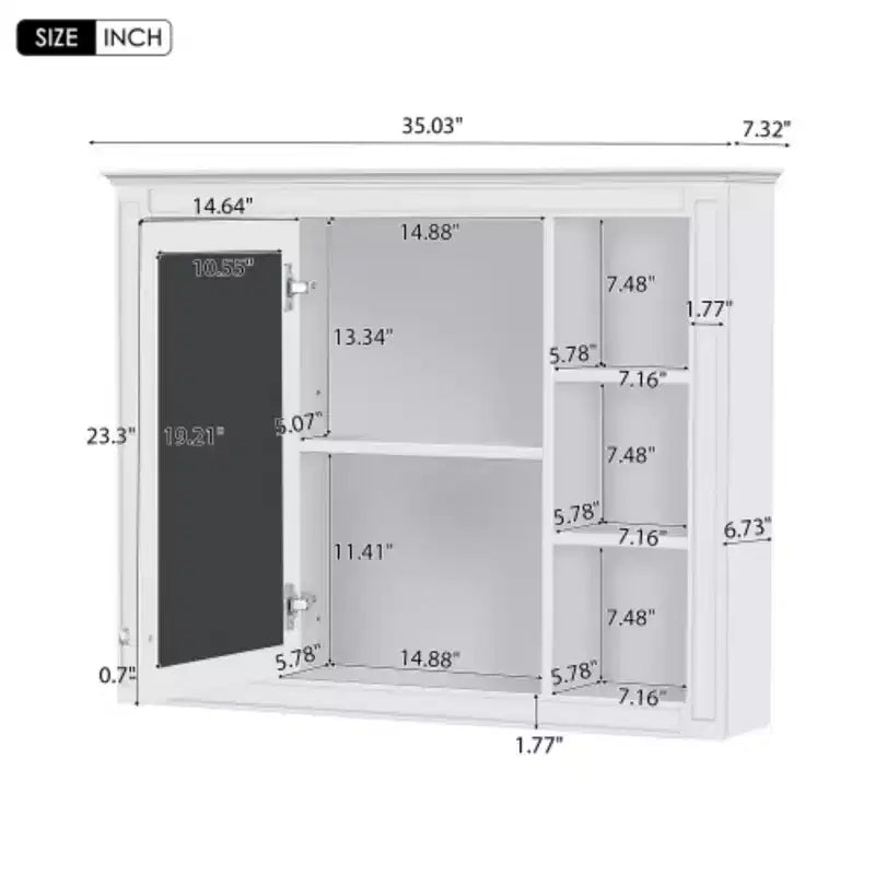 Mobiletto con specchio da 35" x 27.5", mobiletto da bagno a parete, mobiletto da bagno moderno con specchio, armadietto a specchio con 6 ripiani aperti