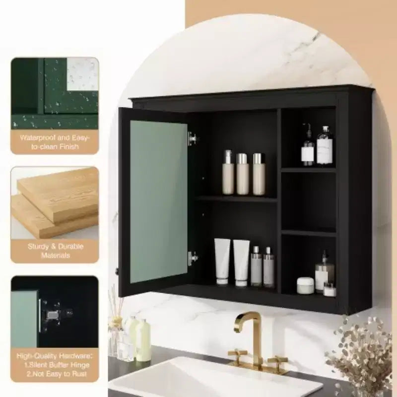 Mobiletto con specchio da 35" x 27.5", mobiletto da bagno a parete, mobiletto da bagno moderno con specchio, armadietto a specchio con 6 ripiani aperti