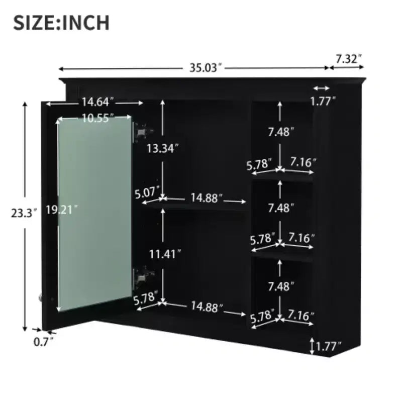Mobiletto con specchio da 35" x 27.5", mobiletto da bagno a parete, mobiletto da bagno moderno con specchio, armadietto a specchio con 6 ripiani aperti