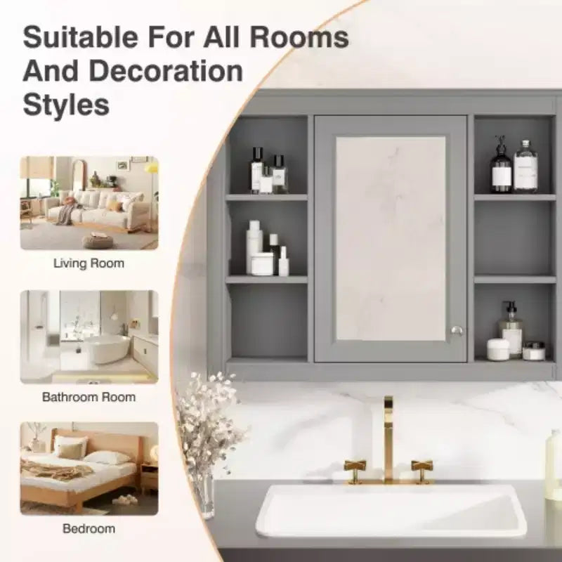 Mobiletto con specchio da 35" x 27.5", mobiletto da bagno a parete, mobiletto da bagno moderno con specchio, armadietto a specchio con 6 ripiani aperti