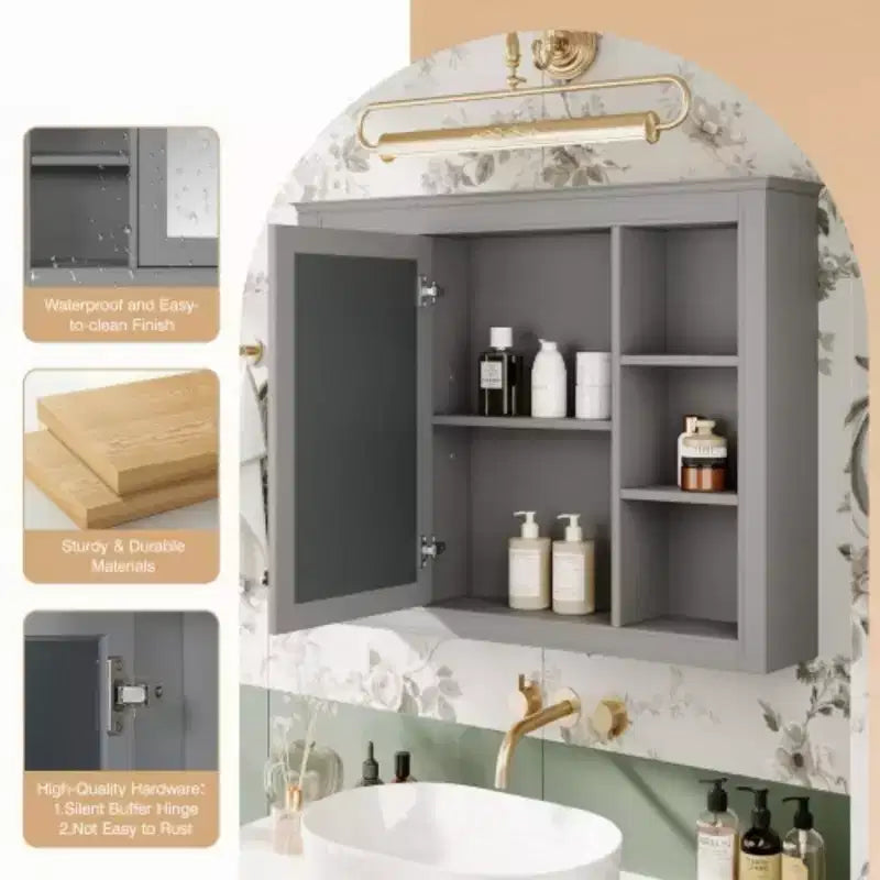 Mobiletto con specchio da 35" x 27.5", mobiletto da bagno a parete, mobiletto da bagno moderno con specchio, armadietto a specchio con 6 ripiani aperti