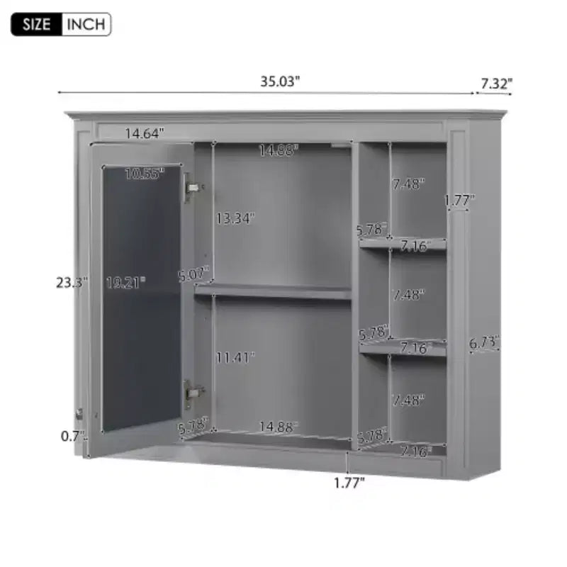 Mobiletto con specchio da 35" x 27.5", mobiletto da bagno a parete, mobiletto da bagno moderno con specchio, armadietto a specchio con 6 ripiani aperti