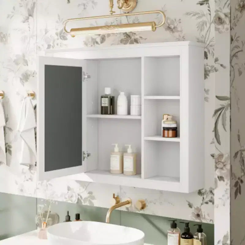Mobiletto con specchio da 35" x 27.5", mobiletto da bagno a parete, mobiletto da bagno moderno con specchio, armadietto a specchio con 6 ripiani aperti