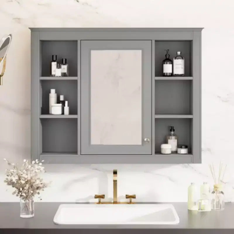 Mobiletto con specchio da 35" x 27.5", mobiletto da bagno a parete, mobiletto da bagno moderno con specchio, armadietto a specchio con 6 ripiani aperti