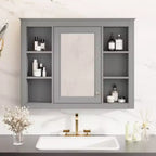 Mobiletto con specchio da 35" x 27.5", mobiletto da bagno a parete, mobiletto da bagno moderno con specchio, armadietto a specchio con 6 ripiani aperti