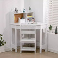 Acekool Kids Desk and Chair Set, Wooden Corner Study Table with Bookshelf, Bulletin Board, and Pen Holder, White