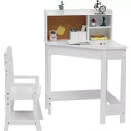 Set Scrivania e Sedia per Bambini, Tavolo Studio ad Angolo in Legno con Libreria, Bacheca e Portapenne, Bianco