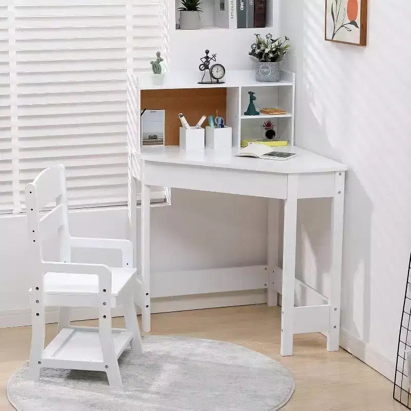 Set Scrivania e Sedia per Bambini, Tavolo Studio ad Angolo in Legno con Libreria, Bacheca e Portapenne, Bianco