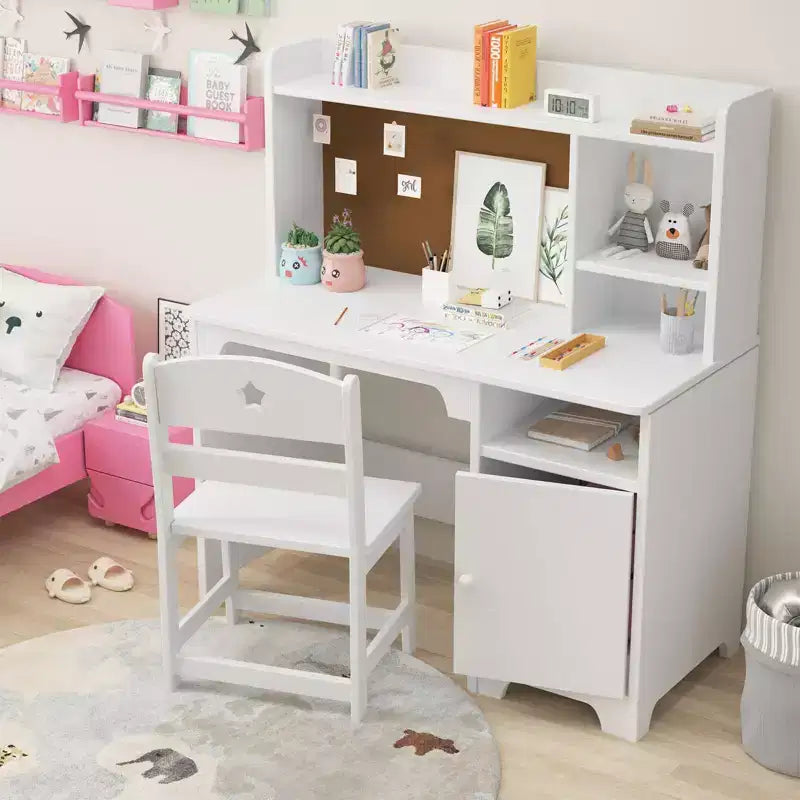 Scrivania e Sedia per Bambini con Credenza, Mobile Contenitore, Tavolo da Scrittura in Legno per Camera da Letto e Studio dei Bambini
