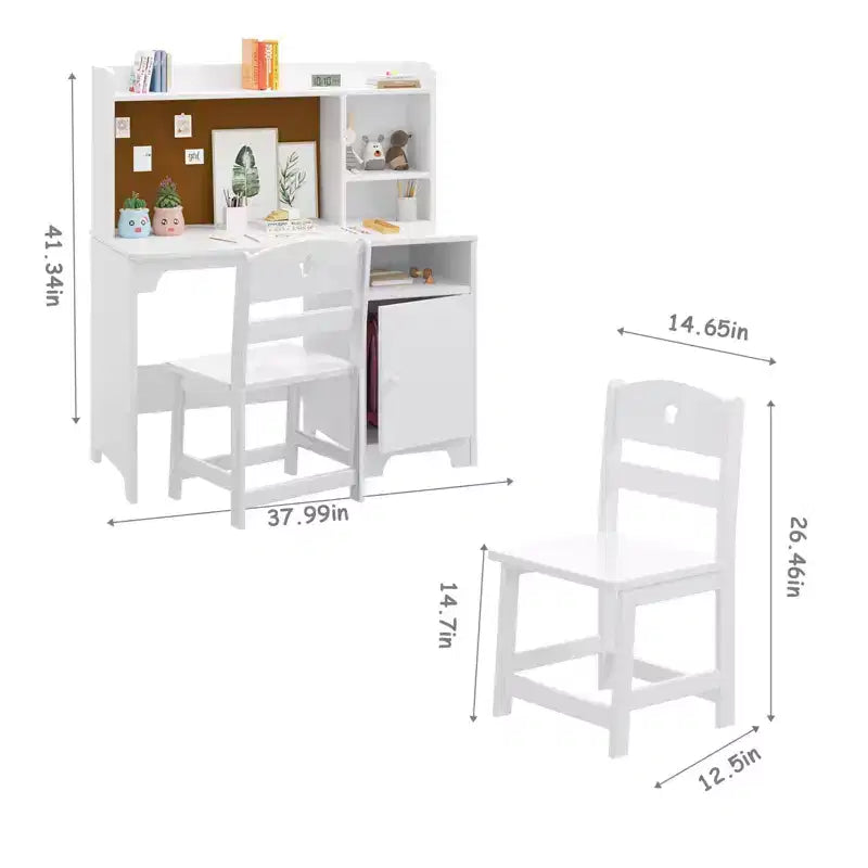 Scrivania e Sedia per Bambini con Credenza, Mobile Contenitore, Tavolo da Scrittura in Legno per Camera da Letto e Studio dei Bambini