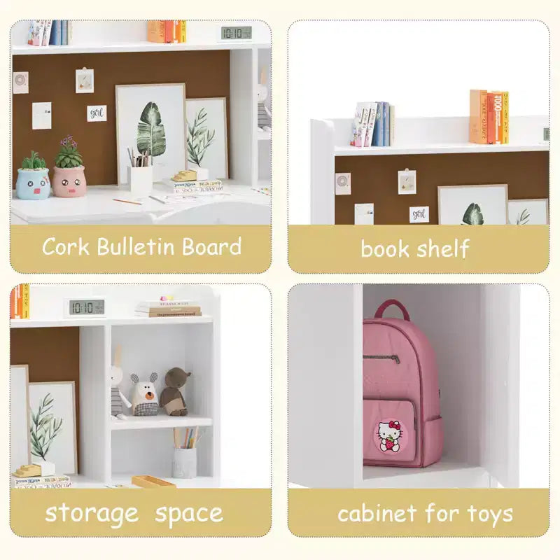 Scrivania e Sedia per Bambini con Credenza, Mobile Contenitore, Tavolo da Scrittura in Legno per Camera da Letto e Studio dei Bambini
