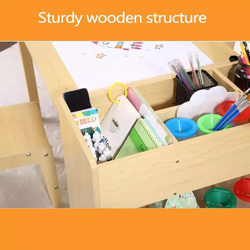 Tavolo da disegno per bambini con 2 sedie, scrivania in legno per attività artigianali per bambini con ampi ripiani portaoggetti per scrivere e disegnare