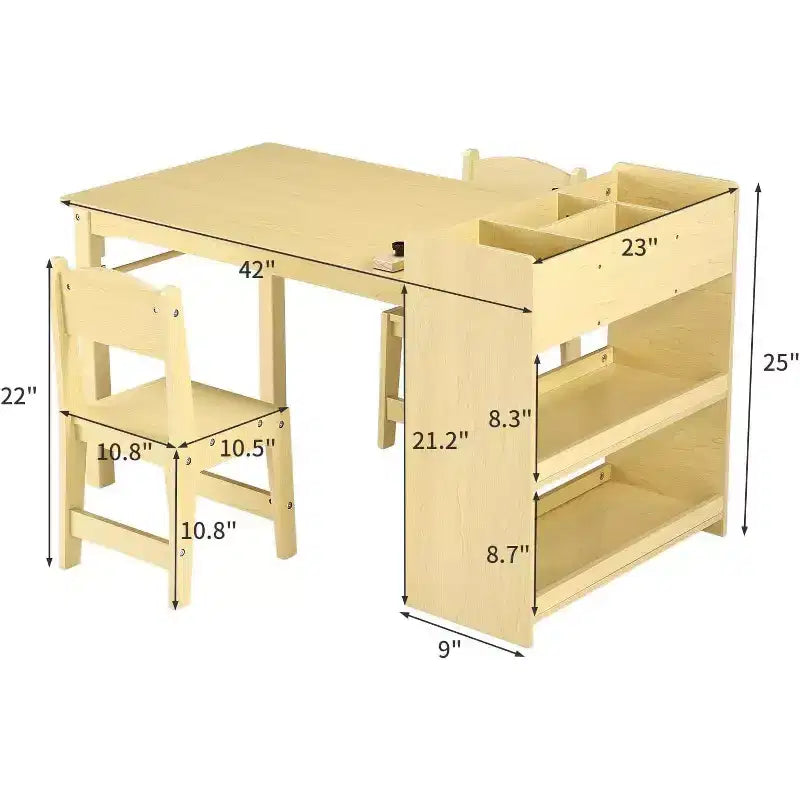 Tavolo da disegno per bambini con 2 sedie, scrivania in legno per attività artigianali per bambini con ampi ripiani portaoggetti per scrivere e disegnare
