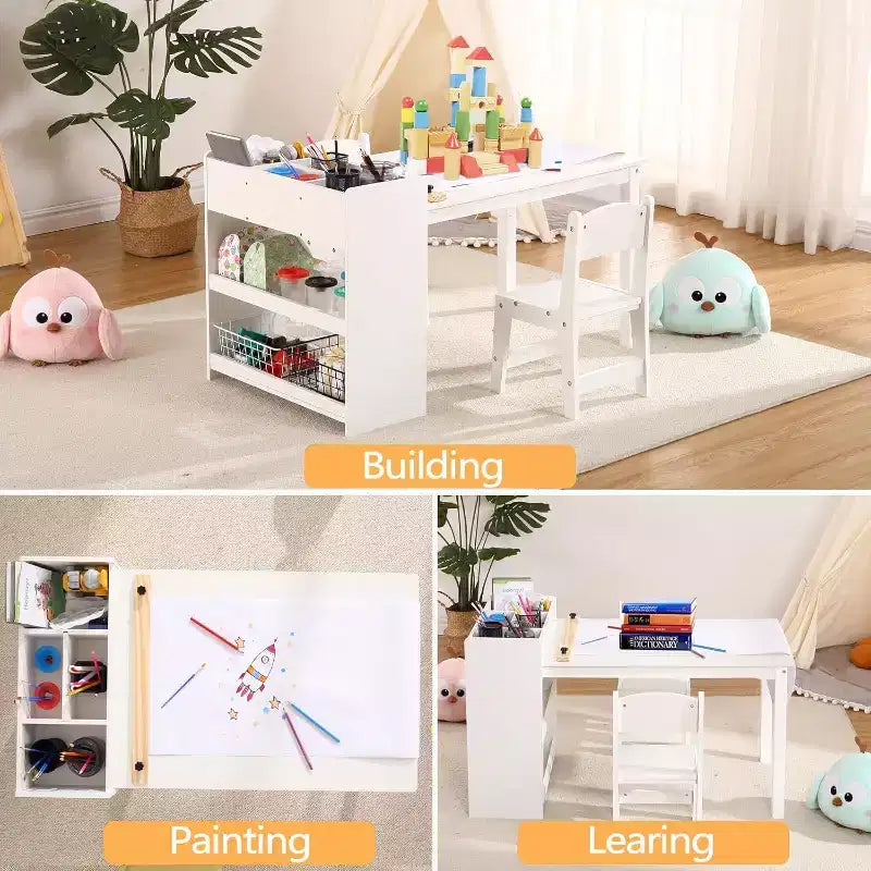 Tavolo da disegno per bambini con 2 sedie, scrivania in legno per attività artigianali per bambini con ampi ripiani portaoggetti per scrivere e disegnare