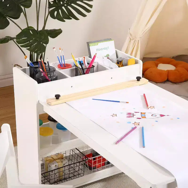Tavolo da disegno per bambini con 2 sedie, scrivania in legno per attività artigianali per bambini con ampi ripiani portaoggetti per scrivere e disegnare