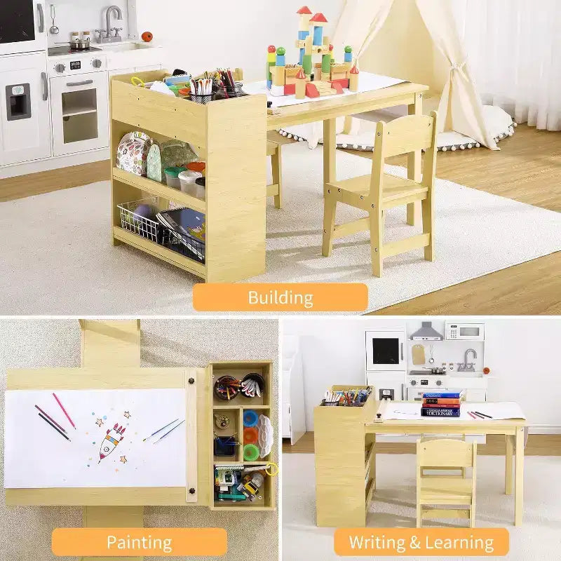 Tavolo da disegno per bambini con 2 sedie, scrivania in legno per attività artigianali per bambini con ampi ripiani portaoggetti per scrivere e disegnare