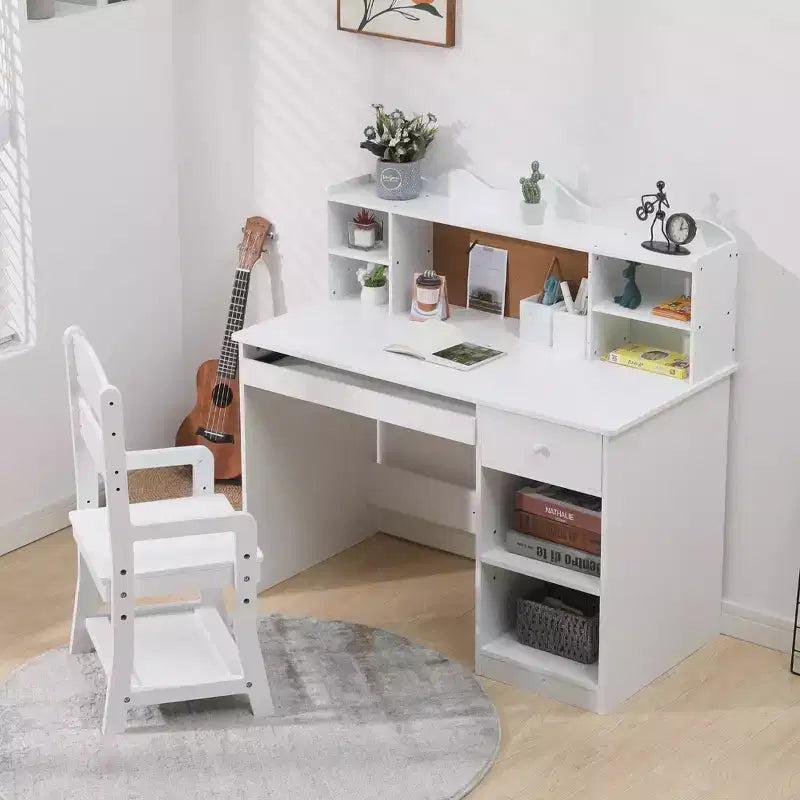 Kids Adjustable Study Desk & Chair Set with Hutch, Cork Board, Keyboard Tray & 2 Pen Holders C Children's School Learning Table