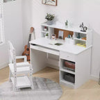 Kids Adjustable Study Desk & Chair Set with Hutch, Cork Board, Keyboard Tray & 2 Pen Holders C Children's School Learning Table