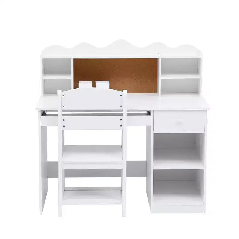 Set Scrivania e Sedia Regolabili per Bambini con Credenza, Bacheca in Sughero, Vassoio Tastiera e 2 Portapenne - Tavolo di Apprendimento Scolastico per Bambini