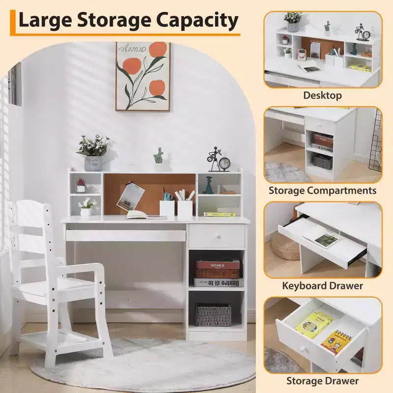 Set Scrivania e Sedia Regolabili per Bambini con Credenza, Bacheca in Sughero, Vassoio Tastiera e 2 Portapenne - Tavolo di Apprendimento Scolastico per Bambini