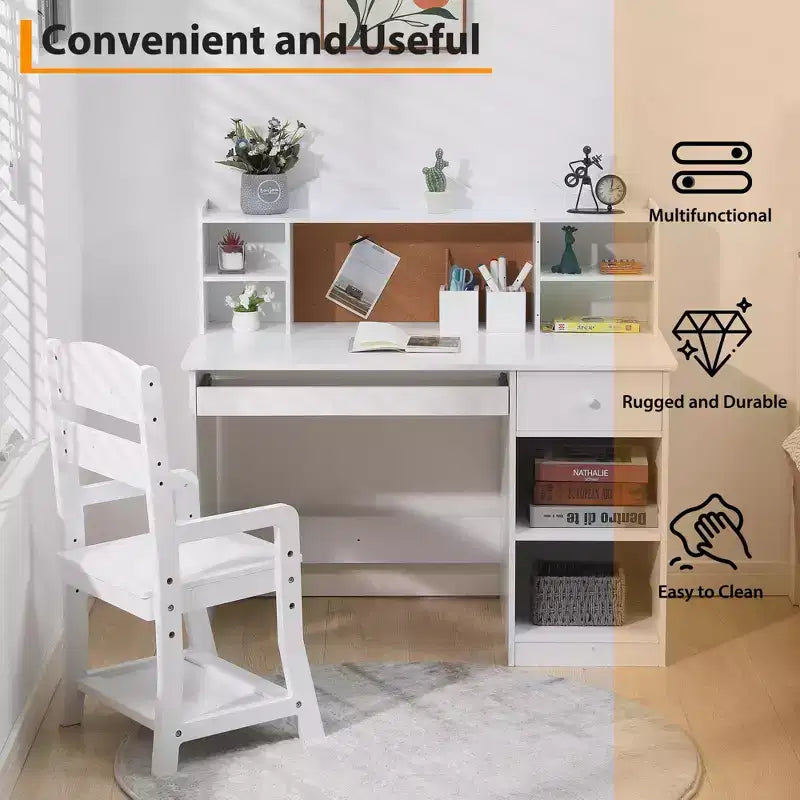 Set Scrivania e Sedia Regolabili per Bambini con Credenza, Bacheca in Sughero, Vassoio Tastiera e 2 Portapenne - Tavolo di Apprendimento Scolastico per Bambini