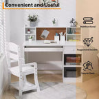 Set Scrivania e Sedia Regolabili per Bambini con Credenza, Bacheca in Sughero, Vassoio Tastiera e 2 Portapenne - Tavolo di Apprendimento Scolastico per Bambini