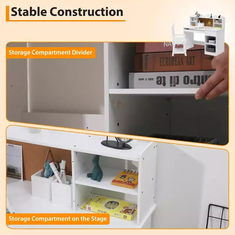 Set Scrivania e Sedia Regolabili per Bambini con Credenza, Bacheca in Sughero, Vassoio Tastiera e 2 Portapenne - Tavolo di Apprendimento Scolastico per Bambini
