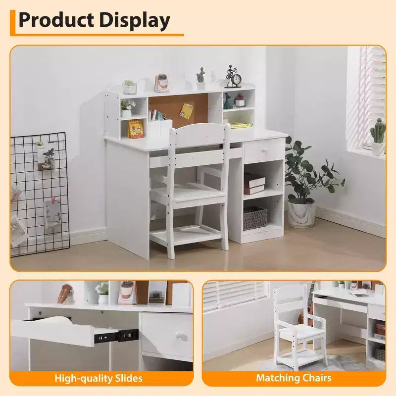 Set Scrivania e Sedia Regolabili per Bambini con Credenza, Bacheca in Sughero, Vassoio Tastiera e 2 Portapenne - Tavolo di Apprendimento Scolastico per Bambini